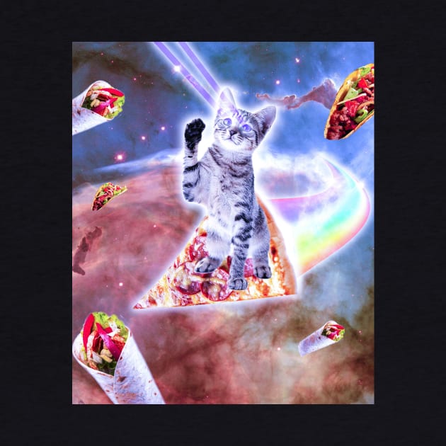 Laser Eyes Space Cat Riding Rainbow Pizza by Random Galaxy
